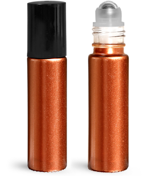 Glass Bottles, 0.35 oz Bronze Glass Roll On Containers w/ Metal Balls and Black Polypropylene Caps