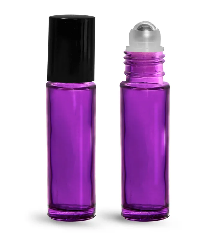 Glass Bottles, 0.35 oz Purple Coated Glass Roll On Bottles w/ Metal Balls and Black Polypropylene Caps