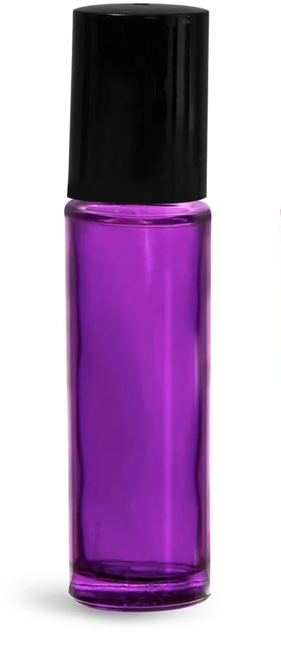 .35 oz Glass Bottles, Purple Coated Glass Roll On Containers w/ Metal Balls and Black Polypropylene Caps