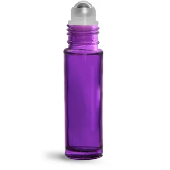 Glass Bottles, 0.35 oz Purple Coated Glass Roll On Bottles w/ Metal Balls and Black Polypropylene Caps