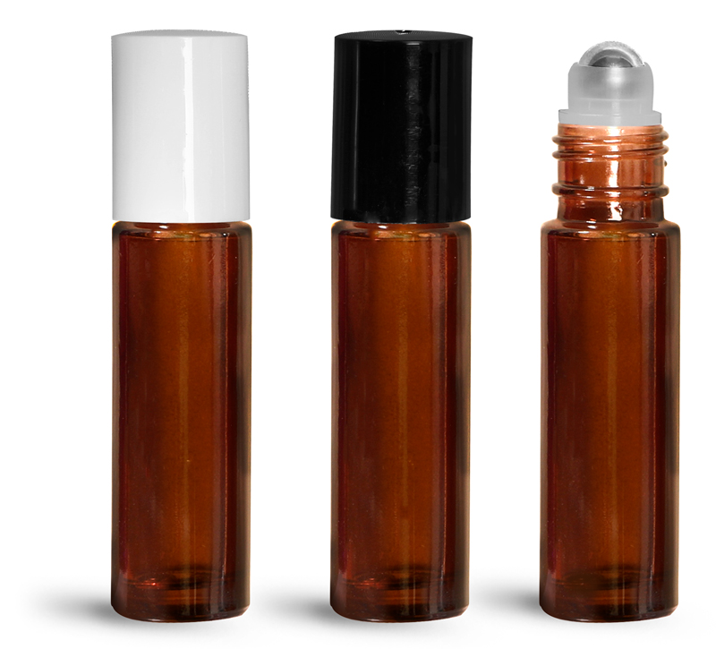 Amber Glass Bottles, 0.35 oz Glass Roll On Containers w/ Metal Balls and Polypropylene Caps