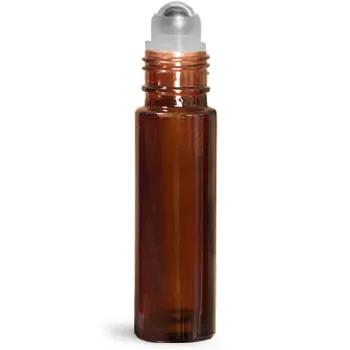 Amber Glass Roll On Bottles w/ Metal Balls and Polypropylene Caps 