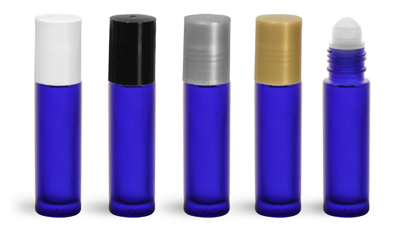 Glass Bottles, Blue Frosted Glass Roll On Containers w/ Ball and Caps