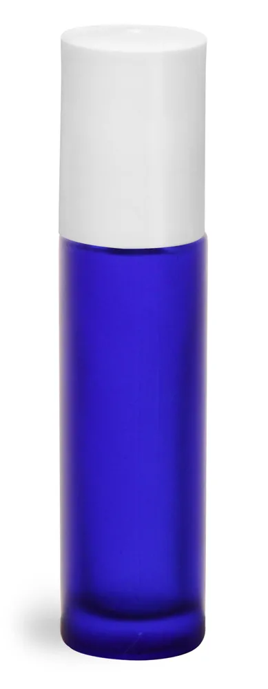 .35 oz Blue Frosted Glass Roll On Containers w/ PE Balls and White Caps