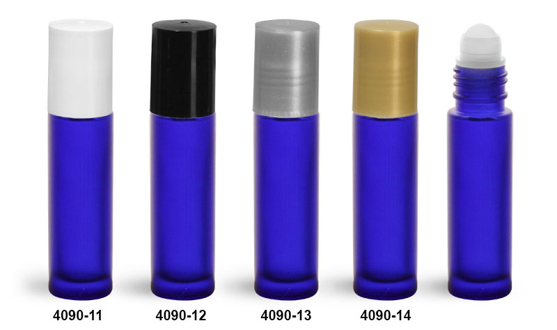 Glass Bottles, Blue Frosted Glass Roll On Containers w/ Ball and Caps