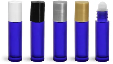 Blue Frosted Glass Roll On Bottles w/ PE Balls and Polypropylene Caps