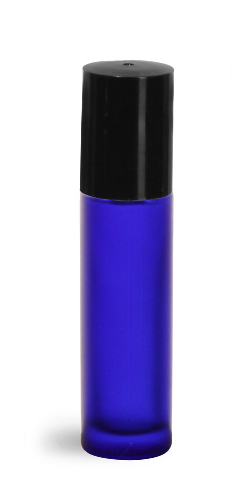 .35 OZ BLUE FROSTED GLASS ROLL ON CONTAINERS W/ PE BALLS AND BLACK CAPS