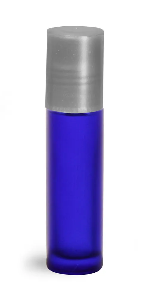 .35 oz Blue Frosted Glass Roll On Containers w/ PE Balls and Silver Caps