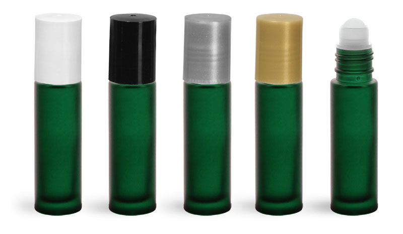 Glass Bottles, Green Frosted Glass Roll On Containers w/ Ball and Caps