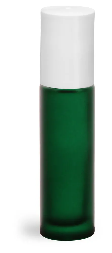 .35 oz Green Frosted Glass Roll On Containers w/ PE Balls and White Caps (Bulk)
