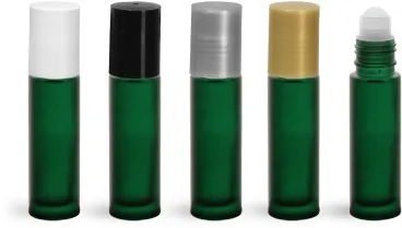 Green Frosted Glass Roll On Bottles w/ PE Balls and Polypropylene Caps