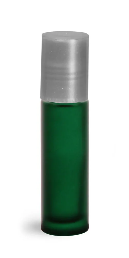 .35 oz Green Frosted Glass Roll On Containers w/ PE Balls and Silver Caps