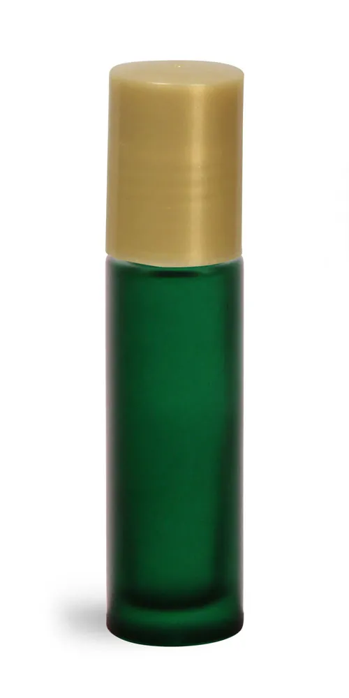.35 oz Green Frosted Glass Roll On Containers w/ PE Balls and Gold Caps (Bulk)