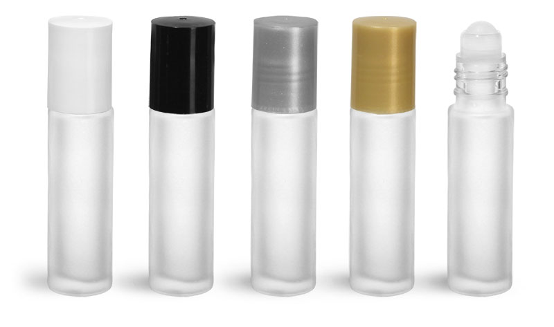 Glass Bottles, Frosted Glass Roll On Containers w/ Ball and Caps
