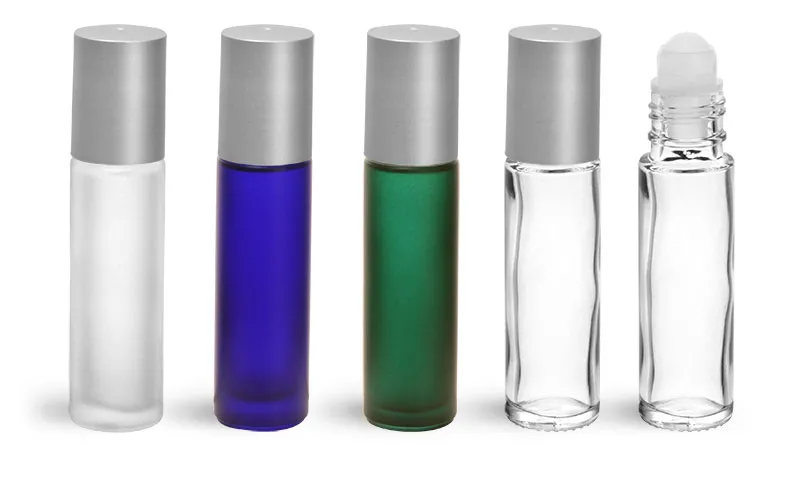 Glass Roll On Bottles w/ PE Balls and Brushed Silver Polypropylene Caps