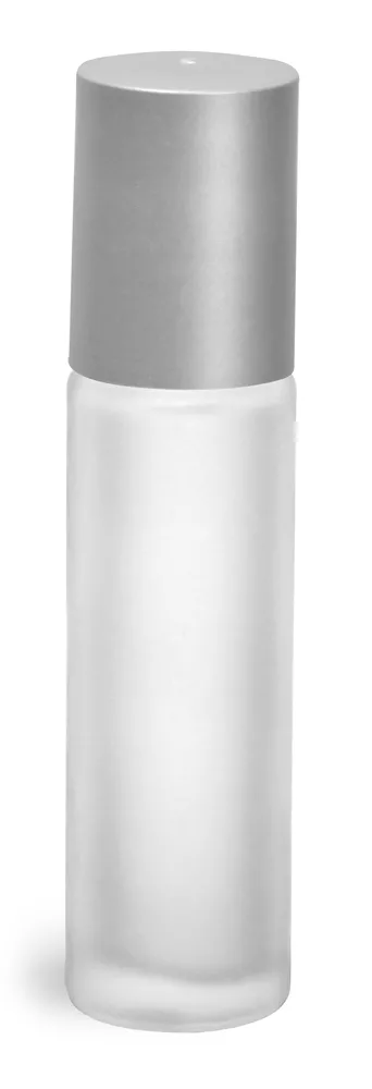 .35 oz Frosted Clear Glass Roll On Containers w/ PE Balls and Brushed Silver Polypro Caps