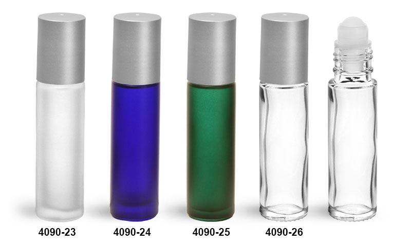 Glass Bottles, Glass Roll On Containers w/ Balls and Brushed Silver Polypropylene Caps