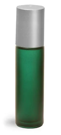 .35 oz Frosted Green Glass Roll On Containers w/ PE Balls and Brushed Silver Polypro Caps