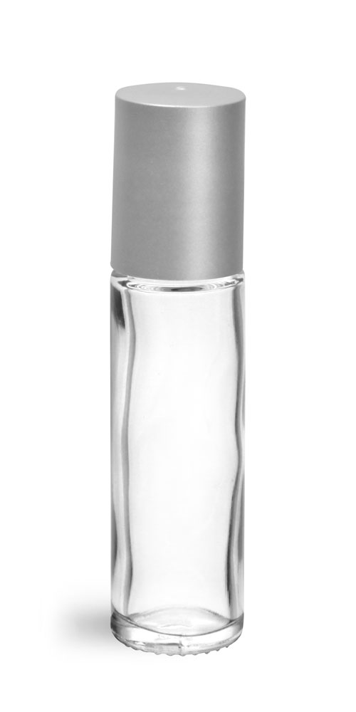 .35 oz Clear Clear Glass Roll On Containers w/ PE Balls and Brushed Silver Polypro Caps (Bulk)