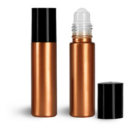Bronze Glass Roll On Containers w/ Balls and Black Caps
