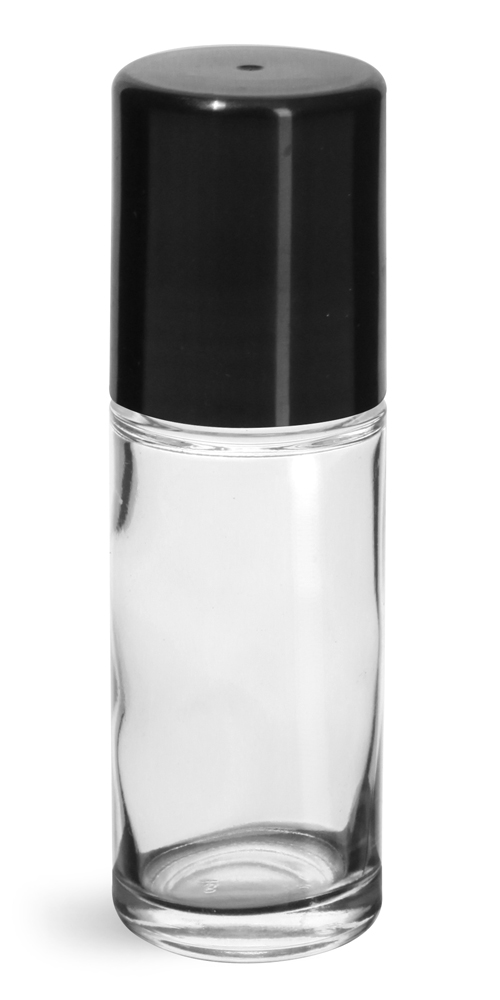 1 oz Black Glass Bottles, Clear Glass Roll On Containers w/ Ball and Caps