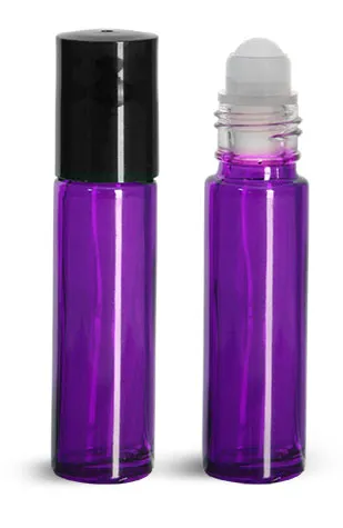 Purple Coated Glass Roll On Bottles w/ PE Balls and Black Polypropylene Caps