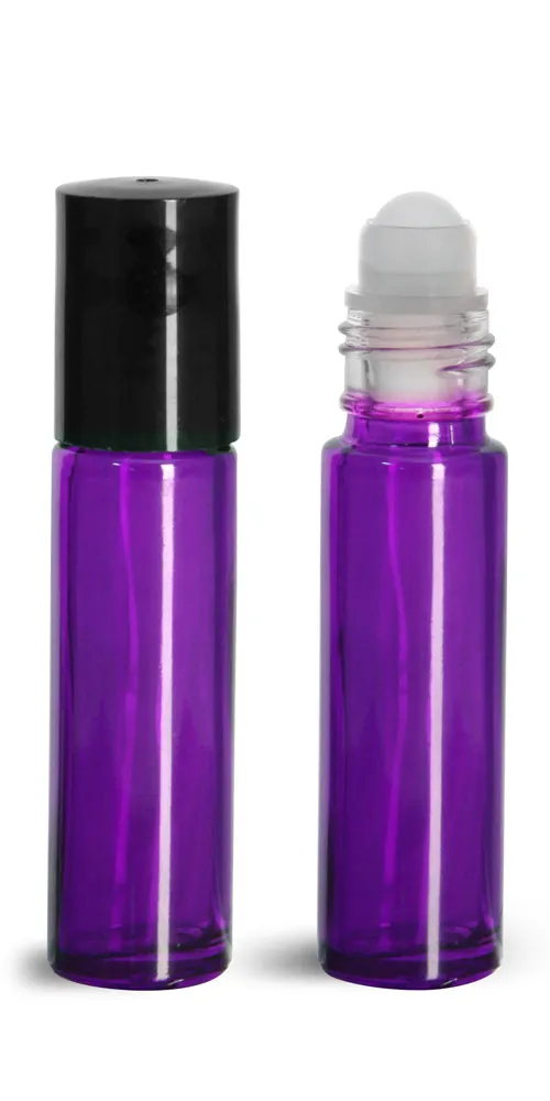 .35 oz Glass Bottles, Purple Glass Roll On Containers w/ PE Balls and Black Caps