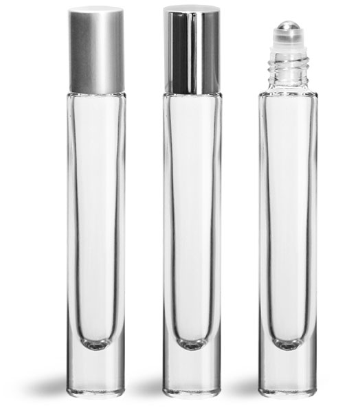10 ml  Glass Bottles, Clear Glass 10 ml Roll on Containers w/ Ball and Caps
