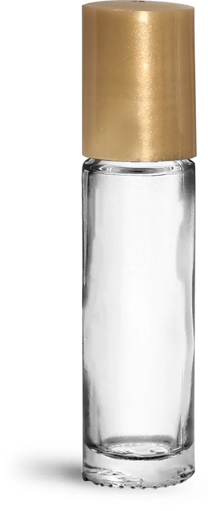 .35 oz w/ Gold Cap Glass Bottles, Clear Glass Roll On Bottles w/ Metal Balls and Gold Polypropylene Caps