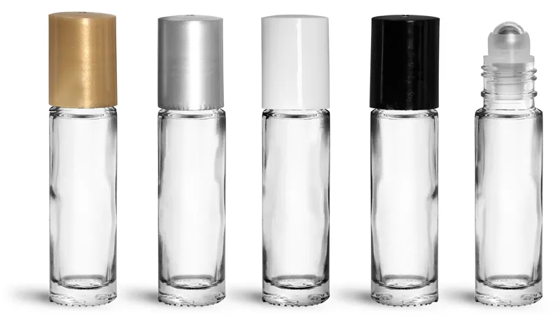 Clear Glass Roll On Bottles w/ Metal Balls and Polypropylene Caps