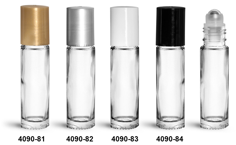 Glass Bottles, 0.35 oz Clear Glass Roll On Bottles w/ Metal Balls and Polypropylene Caps
