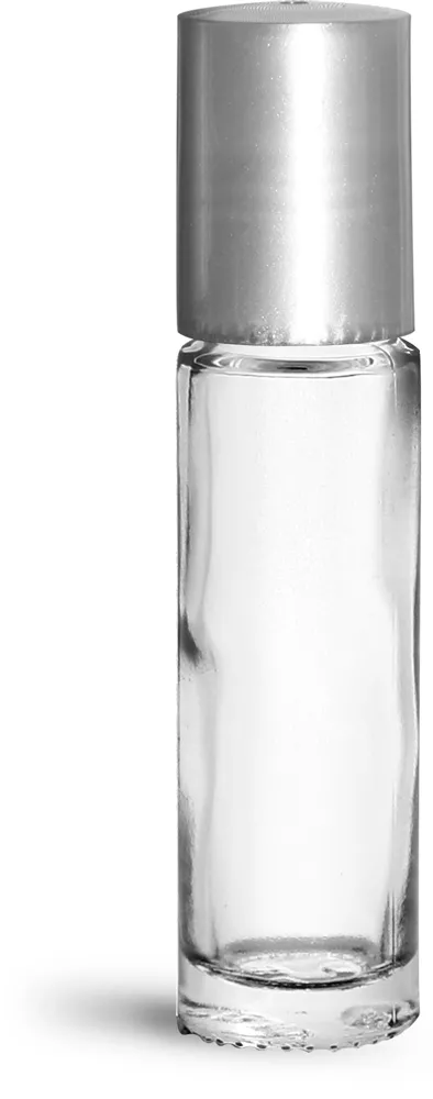 .35 oz Glass Bottles, Clear Glass Roll On Bottles w/ Metal Balls and Silver Polypropylene Caps