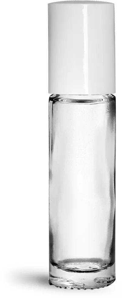 .35 oz Glass Bottles, Clear Glass Roll On Bottles w/ Metal Balls and White Polypropylene Caps