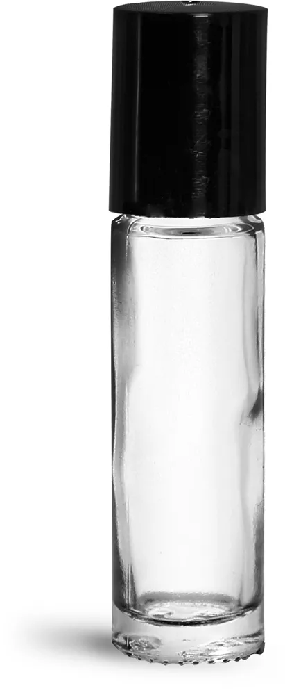 .35 oz Glass Bottles, Clear Glass Roll On Bottles w/ Metal Balls and Black Polypropylene Caps