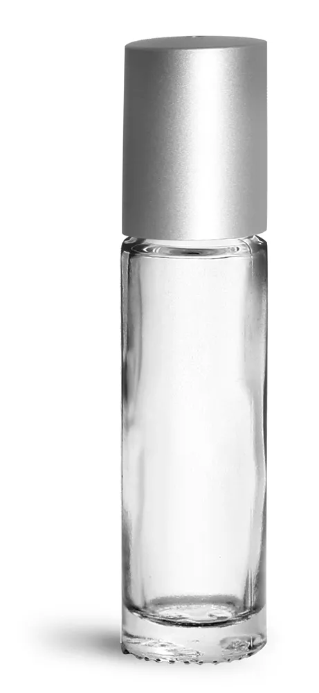 .35 oz w/ Clear Bottle Glass Bottles, Clear Glass Roll On Containers w/ Metal Balls and Brushed Silver Polypropylene Caps