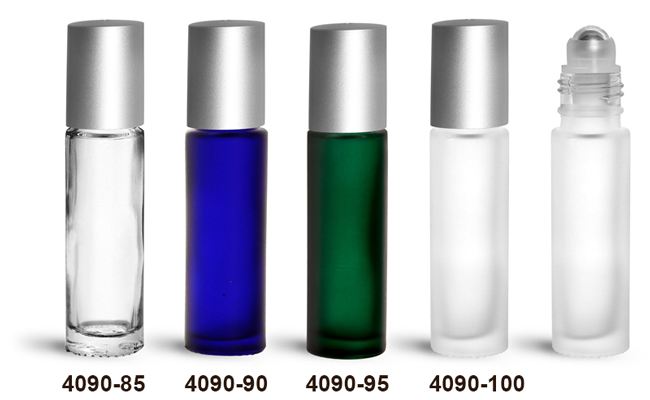 Glass Bottles, 0.35 oz Glass Roll On Containers w/ Metal Balls and Brushed Silver Polypropylene Caps