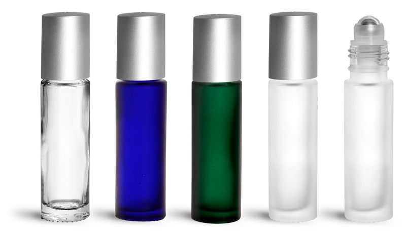 Glass Bottles, 0.35 oz Glass Roll On Containers w/ Metal Balls and Brushed Silver Polypropylene Caps
