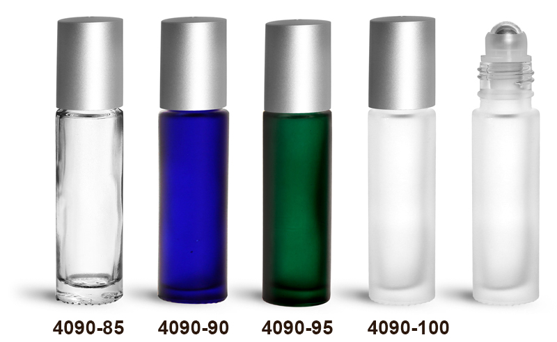 Glass Bottles, 0.35 oz Glass Roll On Containers w/ Metal Balls and Brushed Silver Polypropylene Caps