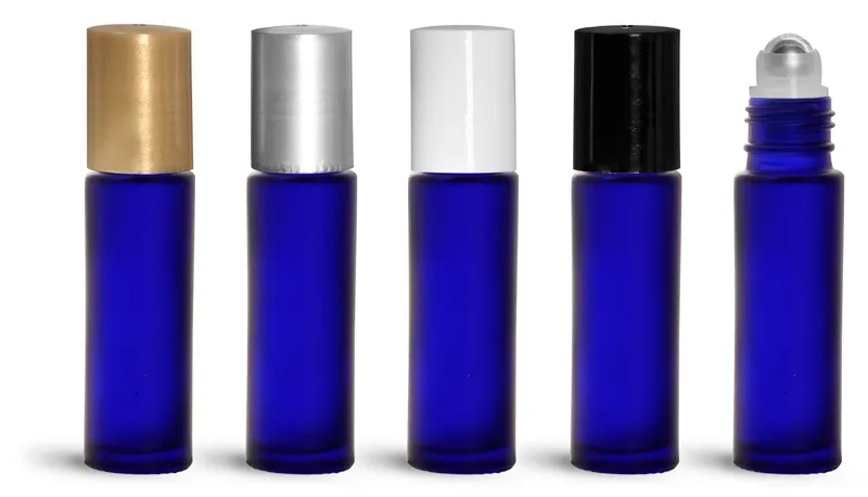 Glass Bottles, 0.35 oz Blue Frosted Glass Roll On Bottles w/ Metal Balls and Polypropylene Caps