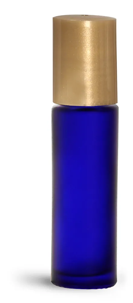 35 oz Glass Bottles, Frosted Blue Glass Roll On Containers w/ Metal Balls and Gold Polypropylene Caps