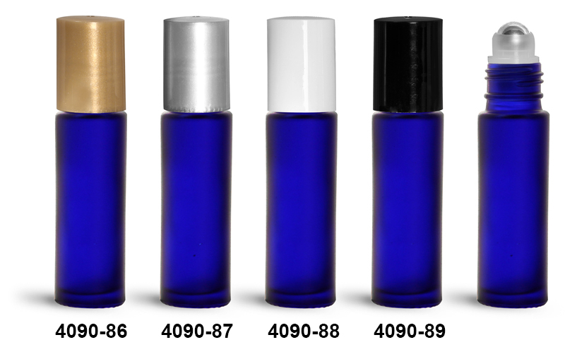 Glass Bottles, 0.35 oz Blue Frosted Glass Roll On Containers w/ Metal Balls and Polypropylene Caps
