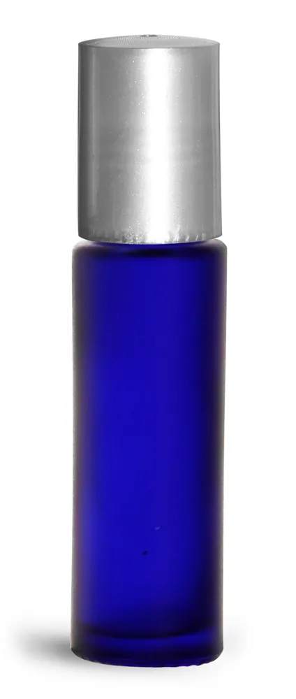 35 oz Glass Bottles, Blue Frosted Glass Roll On Containers w/ Metal Balls and Silver Polypropylene Caps