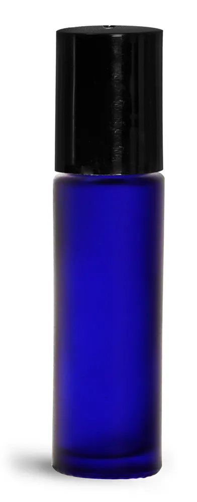 35 oz Glass Bottles, Blue Frosted Glass Roll On Containers w/ Metal Balls and Black Polypropylene Caps