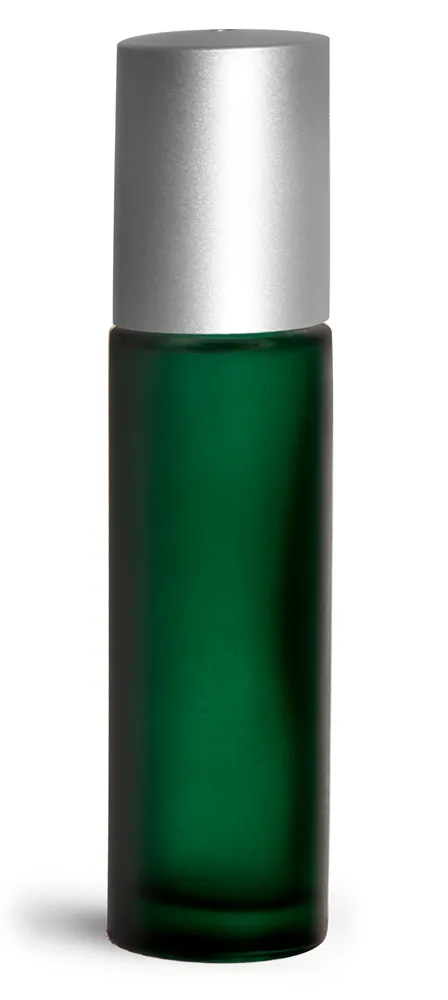 .35 oz w/ Frosted Green Bottle Glass Bottles, Frosted Green Glass Roll On Containers w/ Metal Balls and Brushed Silver Polypropylene Caps