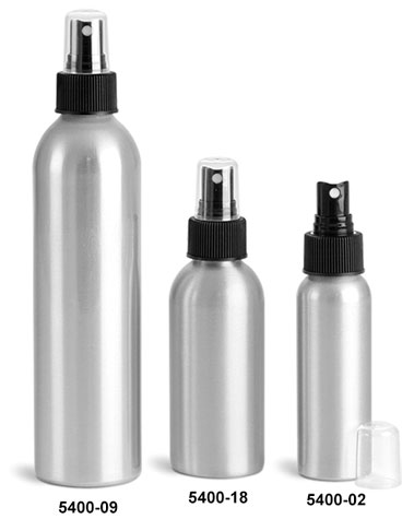 Metal Containers, Aluminum Bottles w/ Black Fine Mist Sprayers
