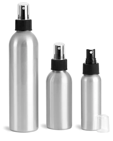 Metal Containers, Aluminum Bottles w/ Black Fine Mist Sprayers
