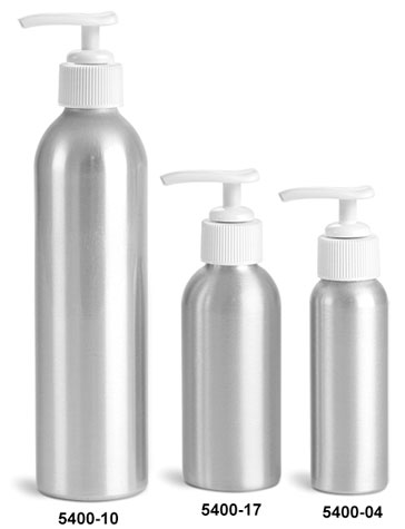 Metal Containers, Aluminum Bottles w/ White Lotion Pumps
