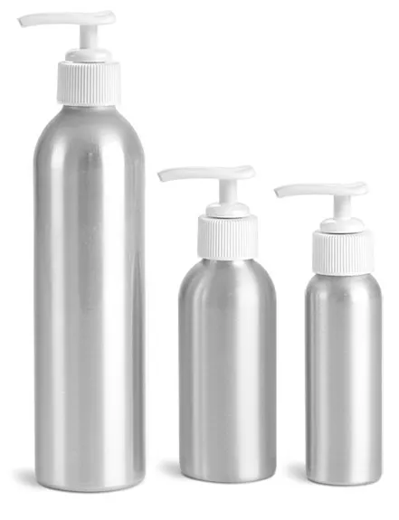 Metal Containers, Aluminum Bottles w/ White Lotion Pumps