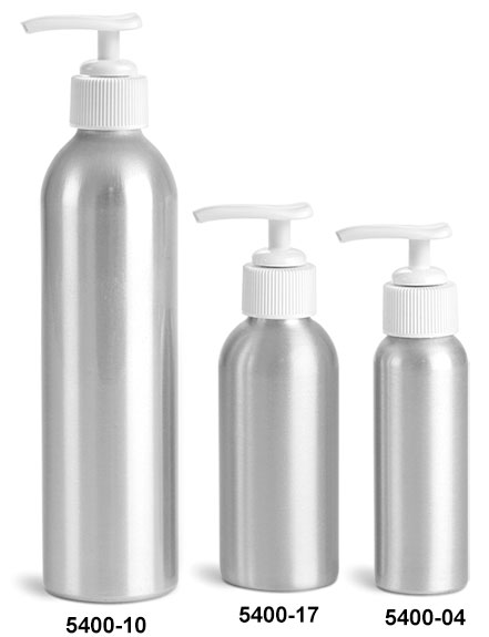 Metal Containers, Aluminum Bottles w/ White Lotion Pumps
