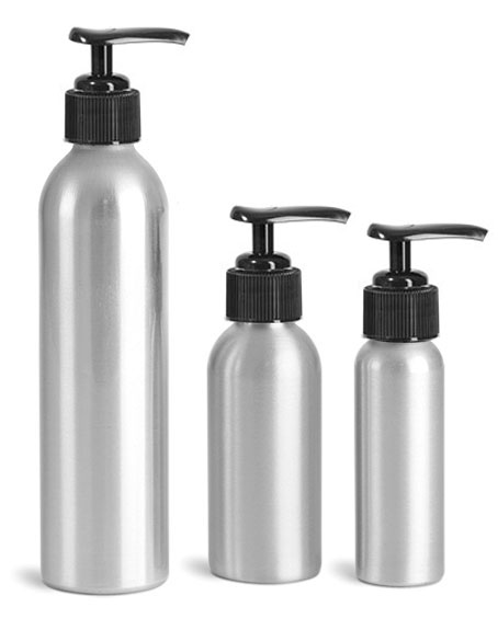 Metal Containers, Aluminum Bottles w/ Black Lotion Pumps